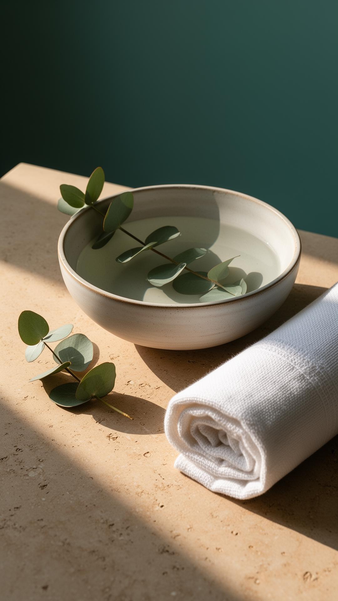 A bowl of water with eucalyptus
